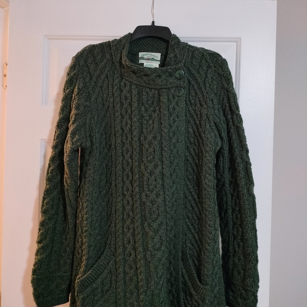 Aran Crafts Green Cable Knit Asymmetrical Cardigan Size Large